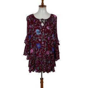 CY Tunic Top Medium Boho Ruffle Long‎ Sleeve Printed Fall Layering Artsy